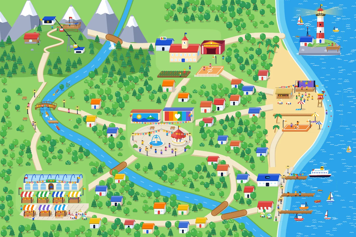 Illustration of the city of Parlumi with every place built: a harbour with a ferry, a covered market, a square in festival mode and the lighthouse shining